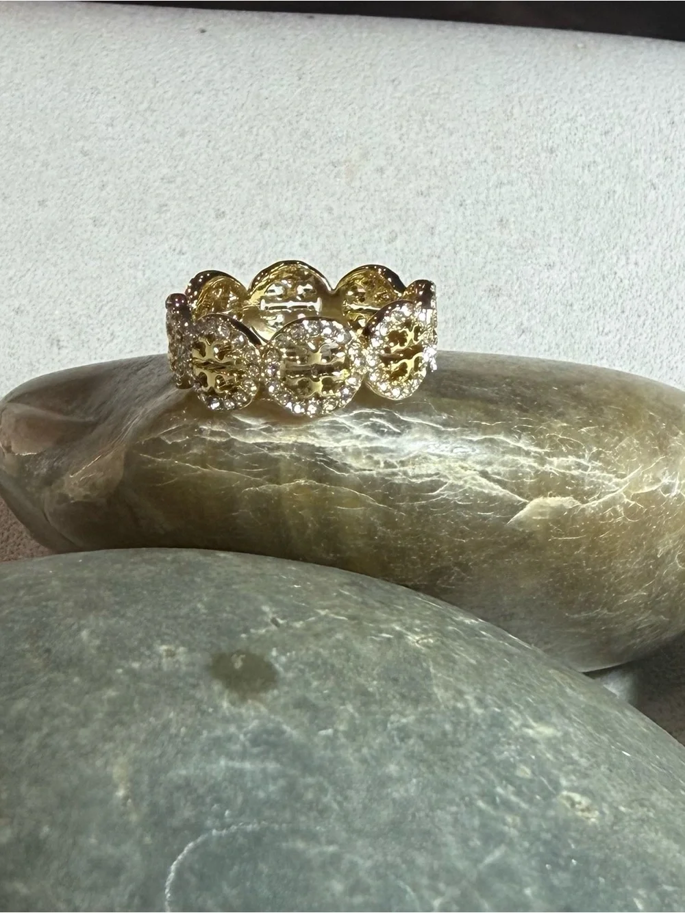 Tory Burch Gold-Tone Crystal Logo Ring Size 7.5